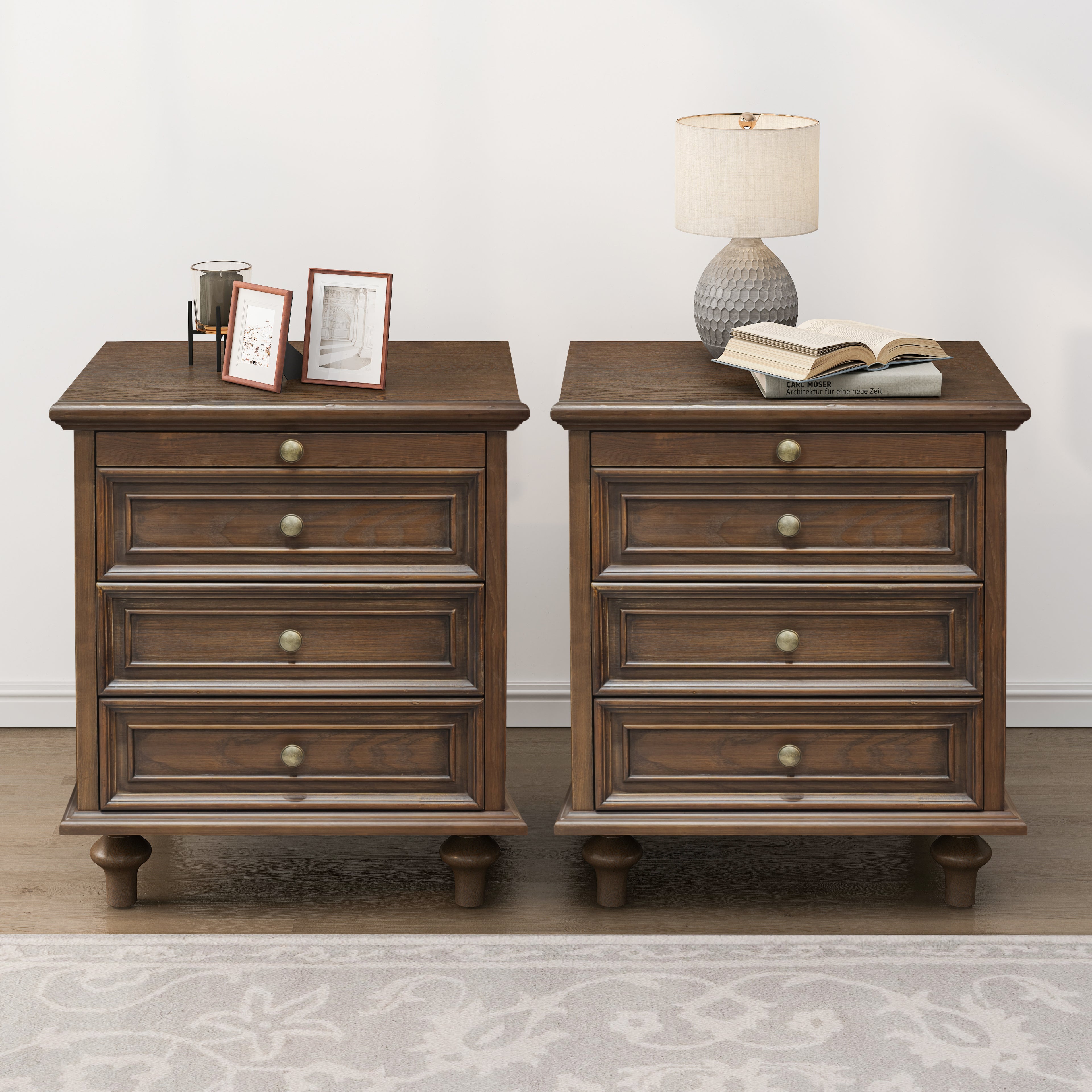 Farmhouse Nightstand Set of 2, 4 Drawers & Pull-Out Shelf, Walnut