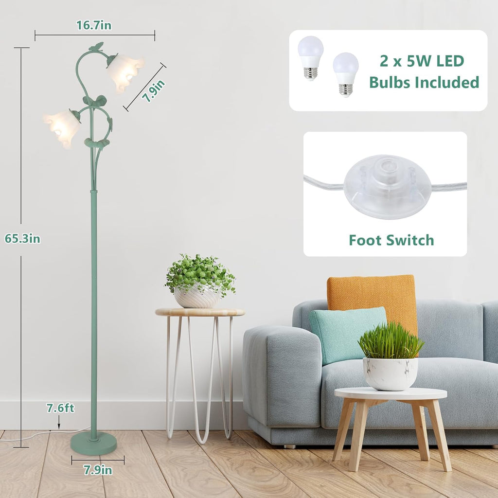 Vintage Green Floral 2-Light Floor Lamp