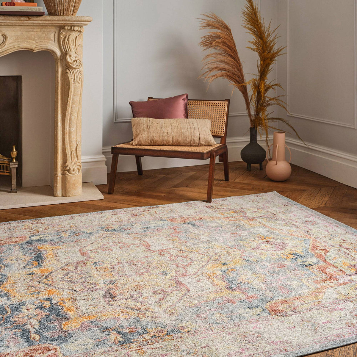 Flores Rug styled in a living room