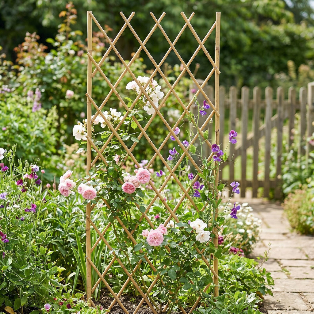 Bambusowe podpory do roślin 150cm trellis z pnączami róż w ogrodzie