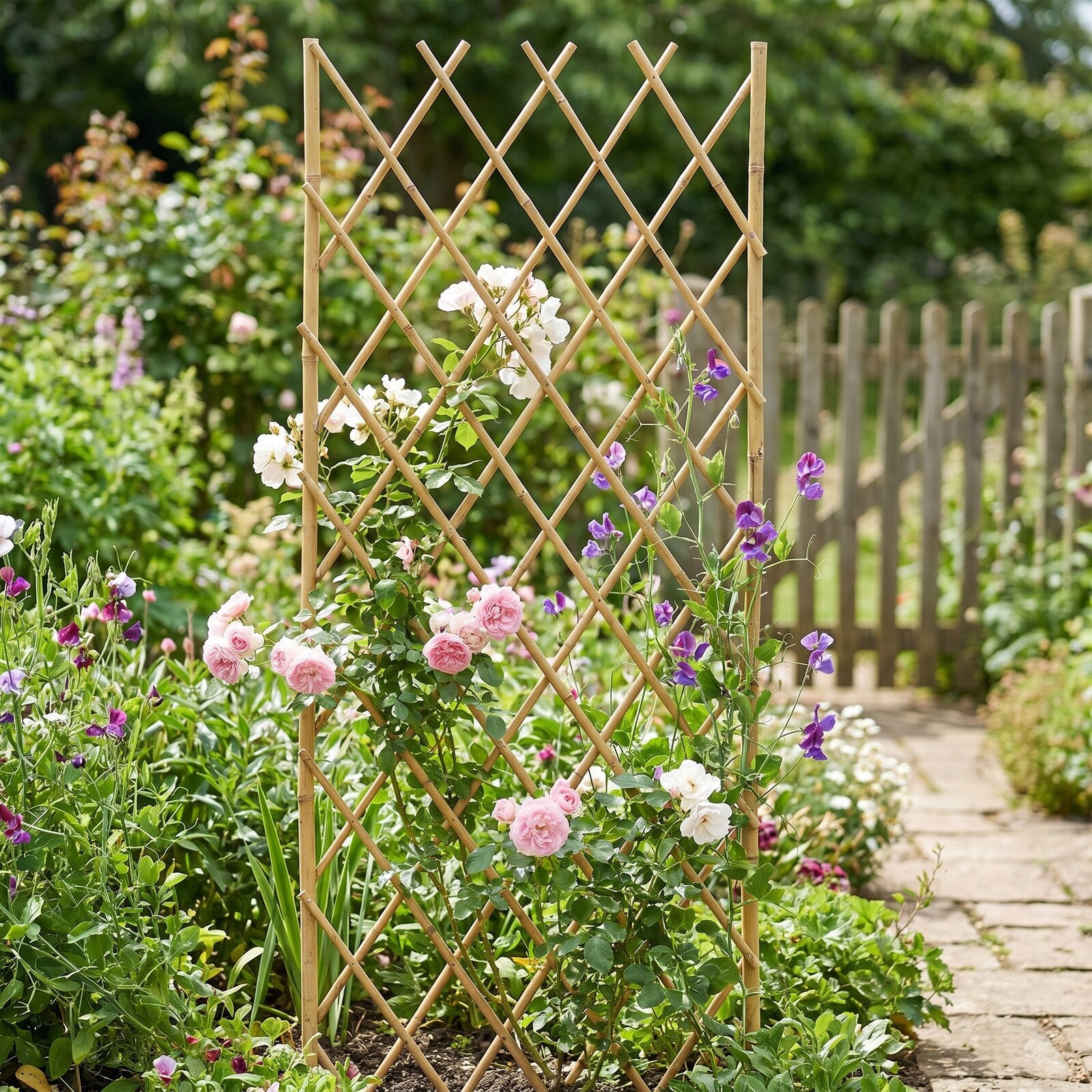 Bambusowe podpory do roślin 150cm trellis z pnączami róż w ogrodzie