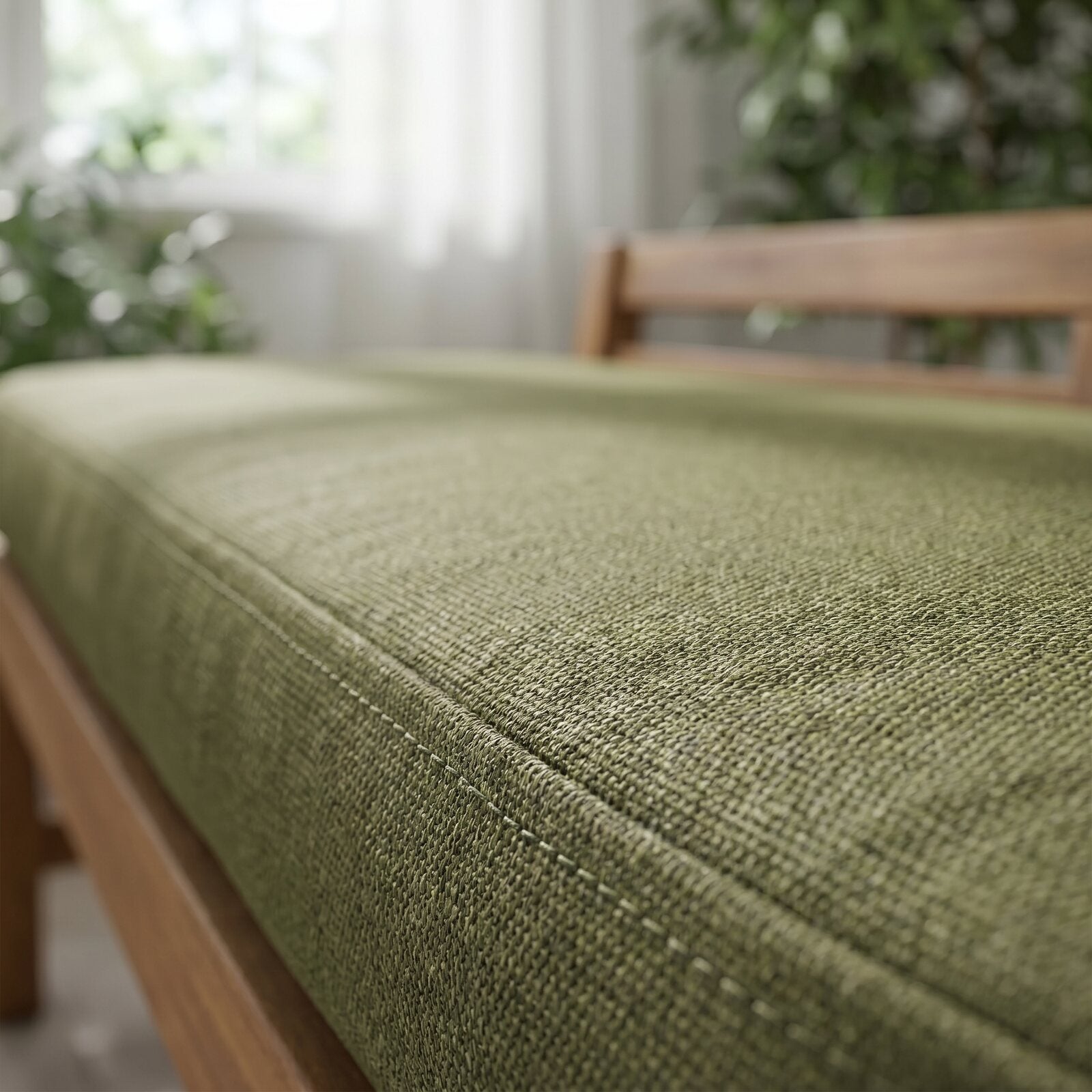 Długa Poduszka Na Ławkę Ogrodową 110x40x5cm Oliwkowa — zbliżenie na detale