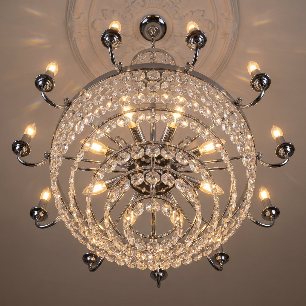 Tiered Crystal Empire Chandelier viewed from below showing circular tiers of crystals radiating outward