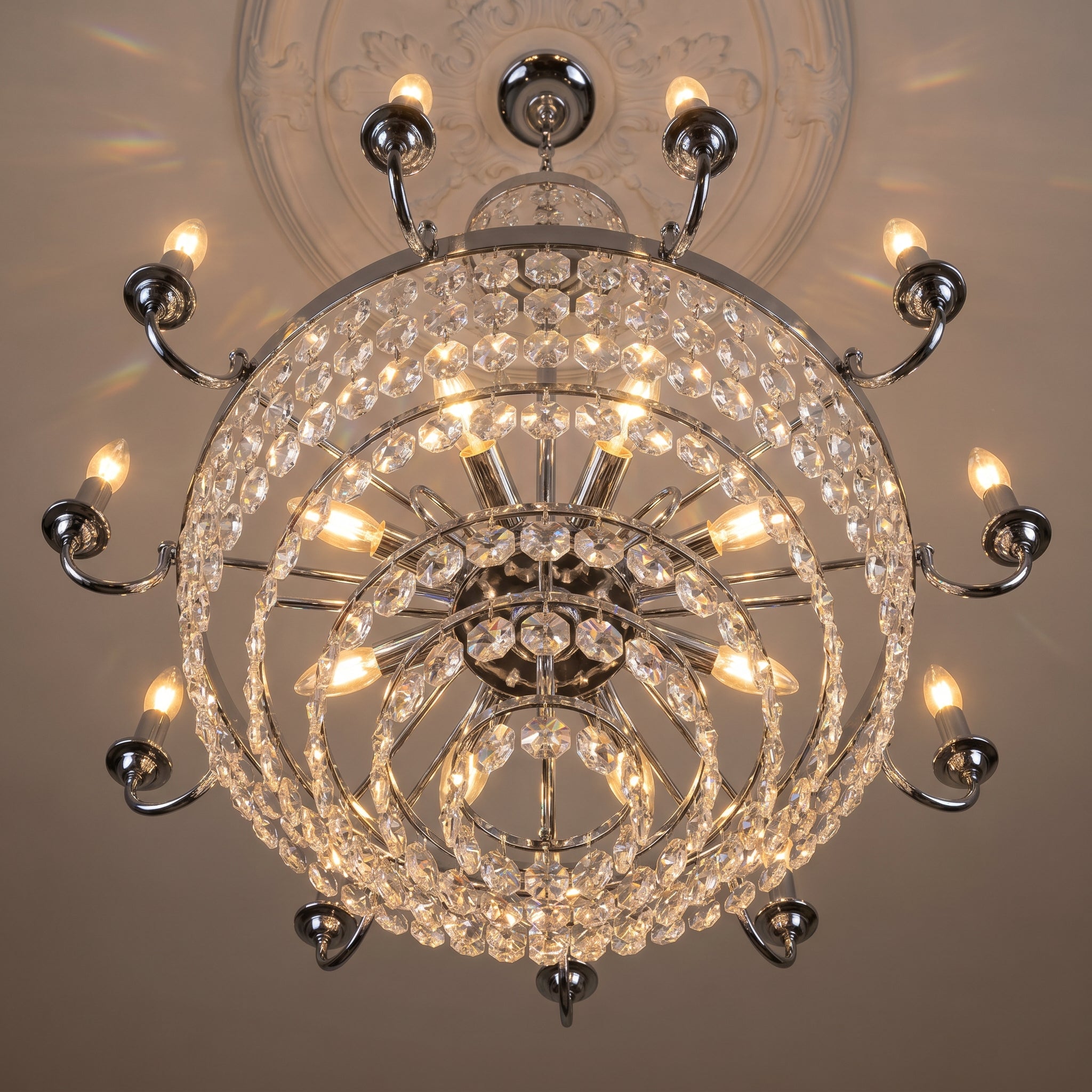 Tiered Crystal Empire Chandelier viewed from below showing circular tiers of crystals radiating outward