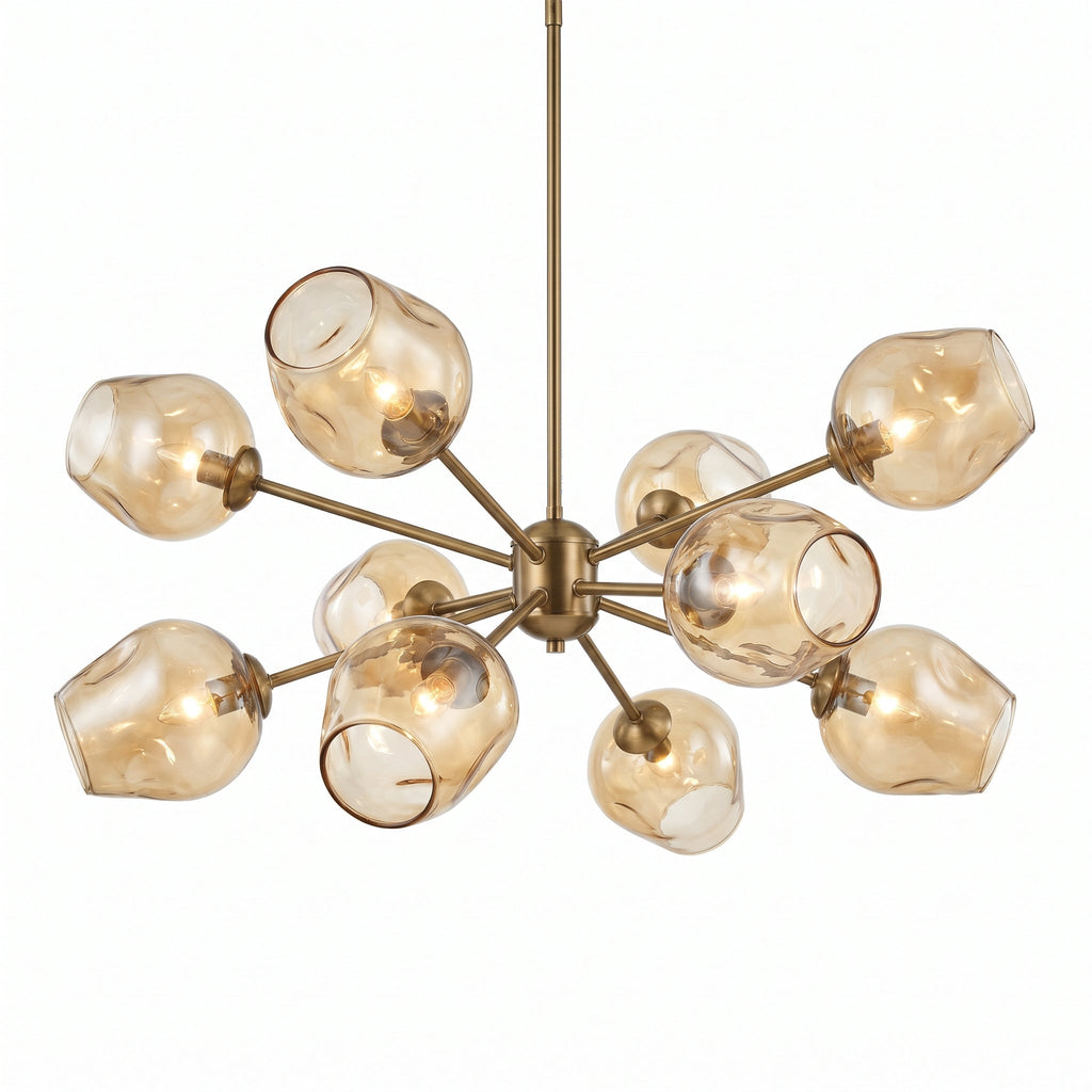 Sculptural Blown Glass Chandelier with 8 amber hand-blown glass shades on brass frame