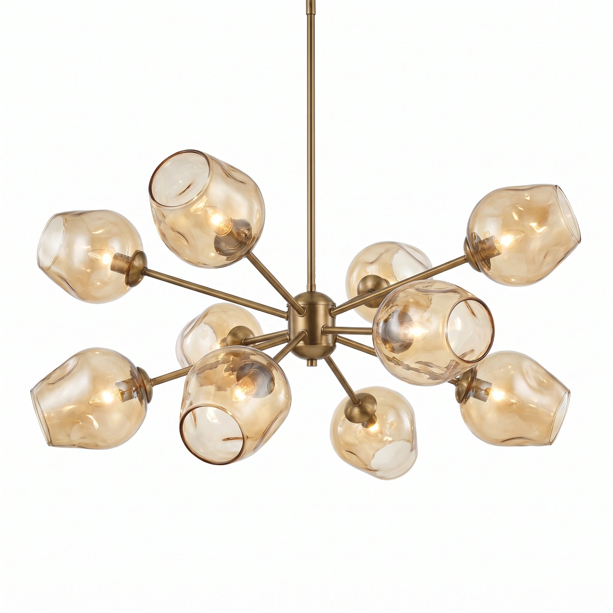 Sculptural Blown Glass Chandelier with 8 amber hand-blown glass shades on brass frame