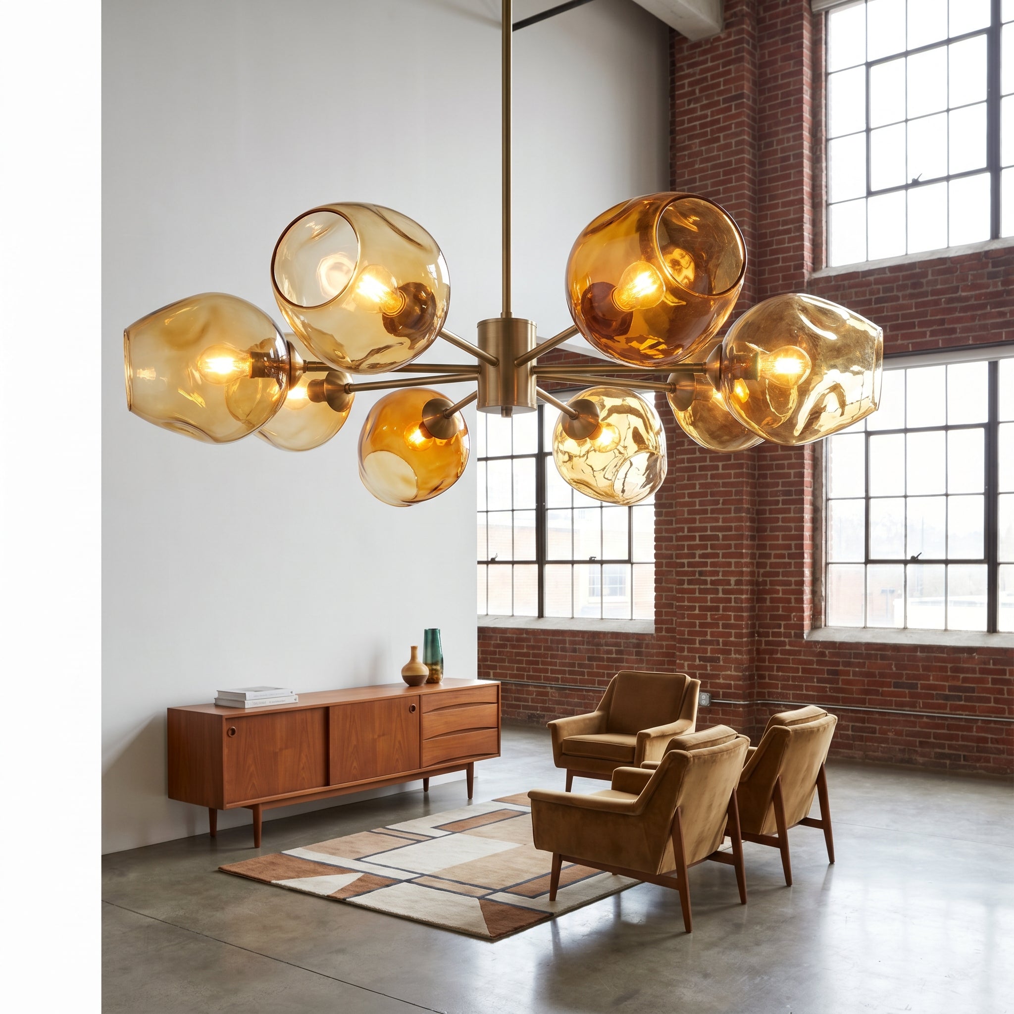 Sculptural Blown Glass Chandelier in modern loft with exposed brick walls and mid-century furniture