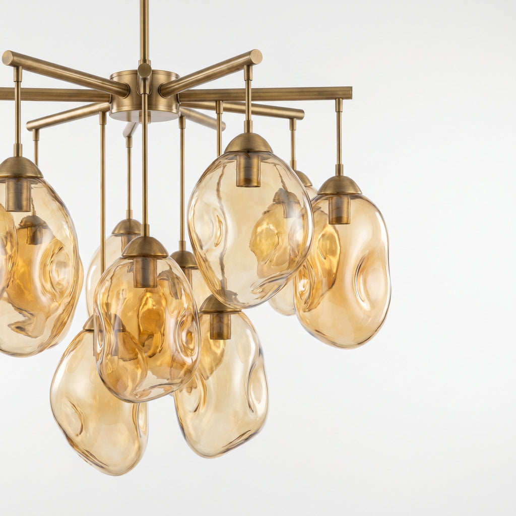Sculptural Blown Glass Chandelier from side angle showing glass shades at different heights
