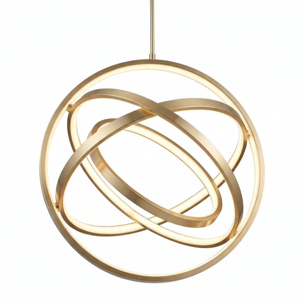 Multi-Ring LED Chandelier in brushed satin gold with orbital concentric rings on white background