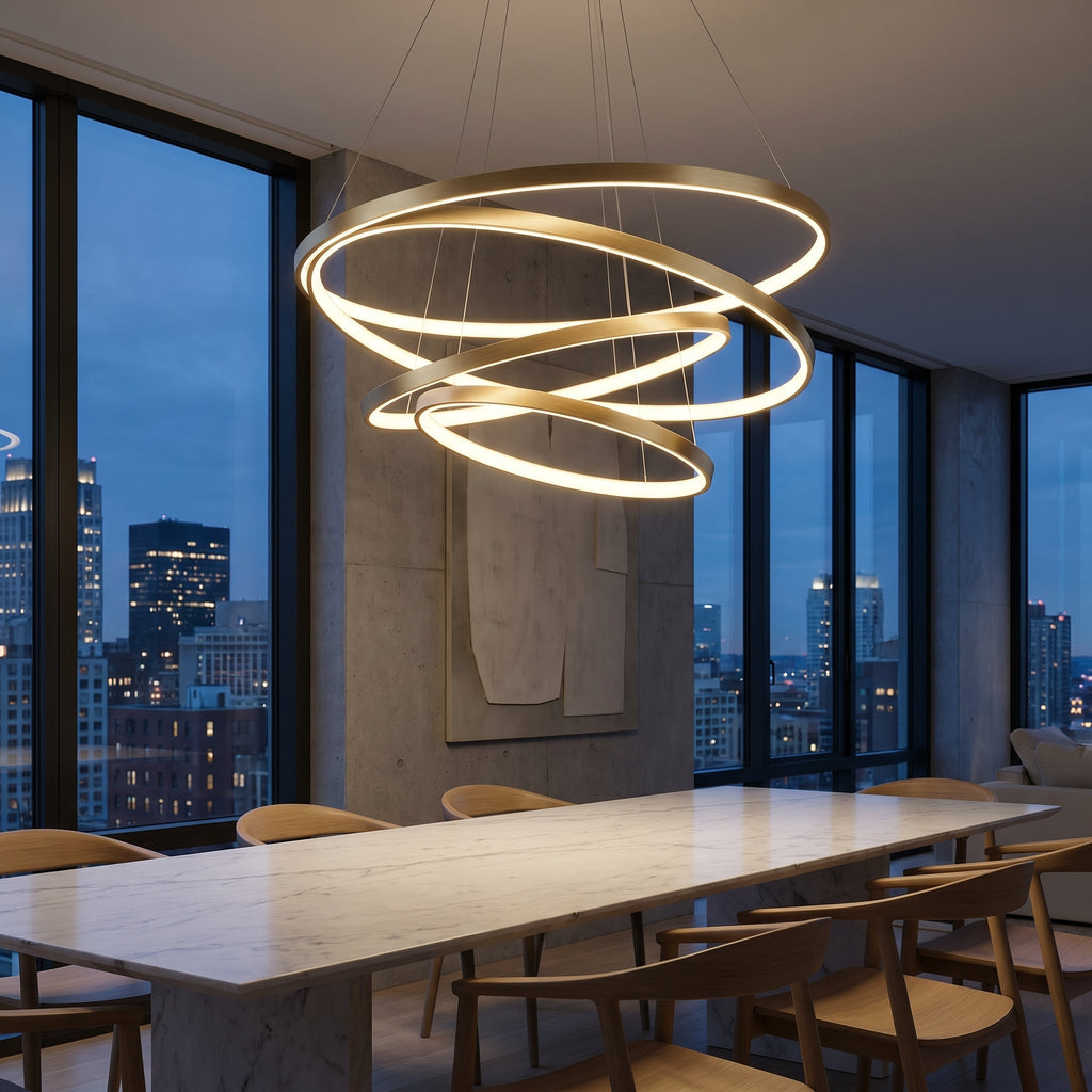 Multi-Ring LED Chandelier in contemporary minimalist dining room with marble table and city skyline