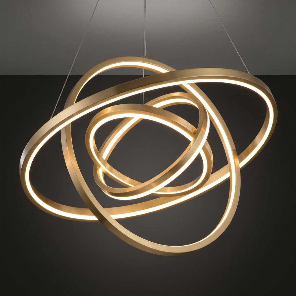 Multi-Ring LED Chandelier from below showing orbital ring arrangement and warm LED glow