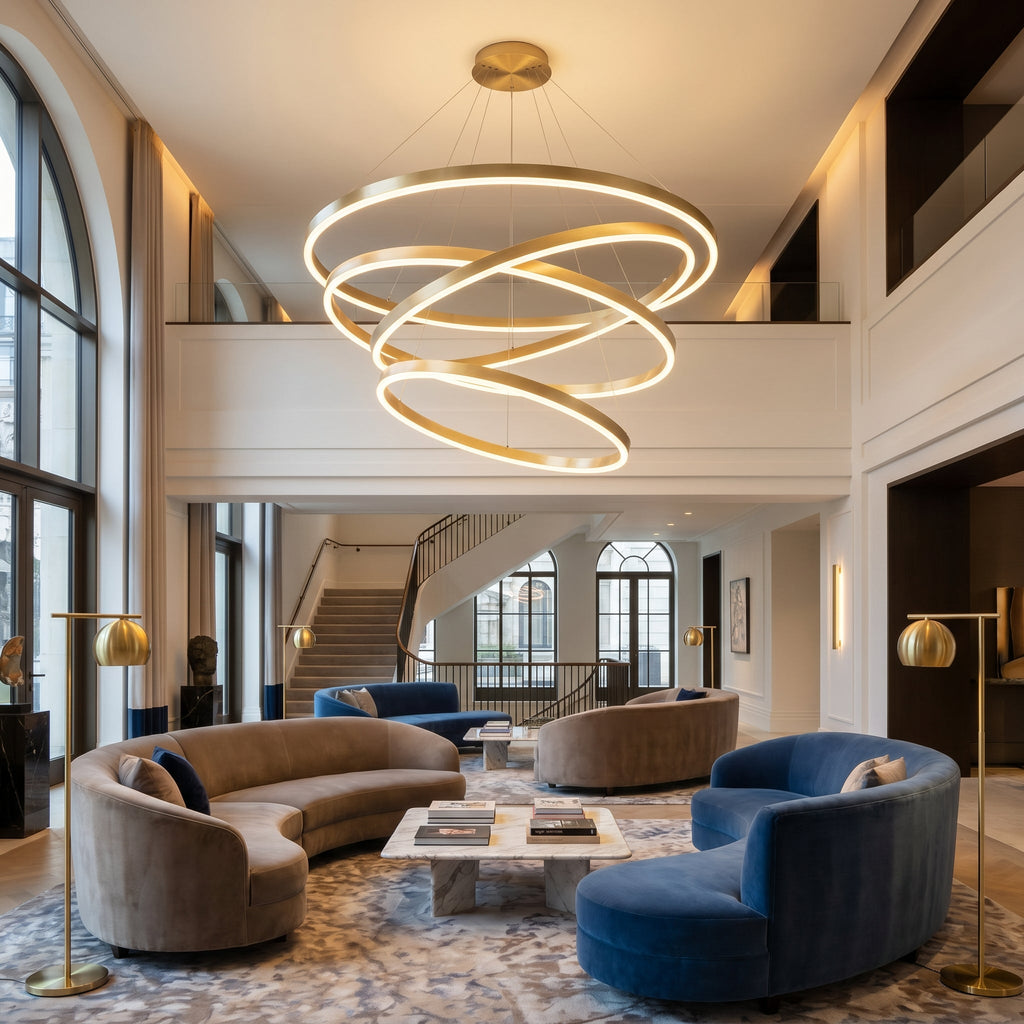 Multi-Ring LED Chandelier in modern hotel lobby with double-height ceilings and contemporary furnishings