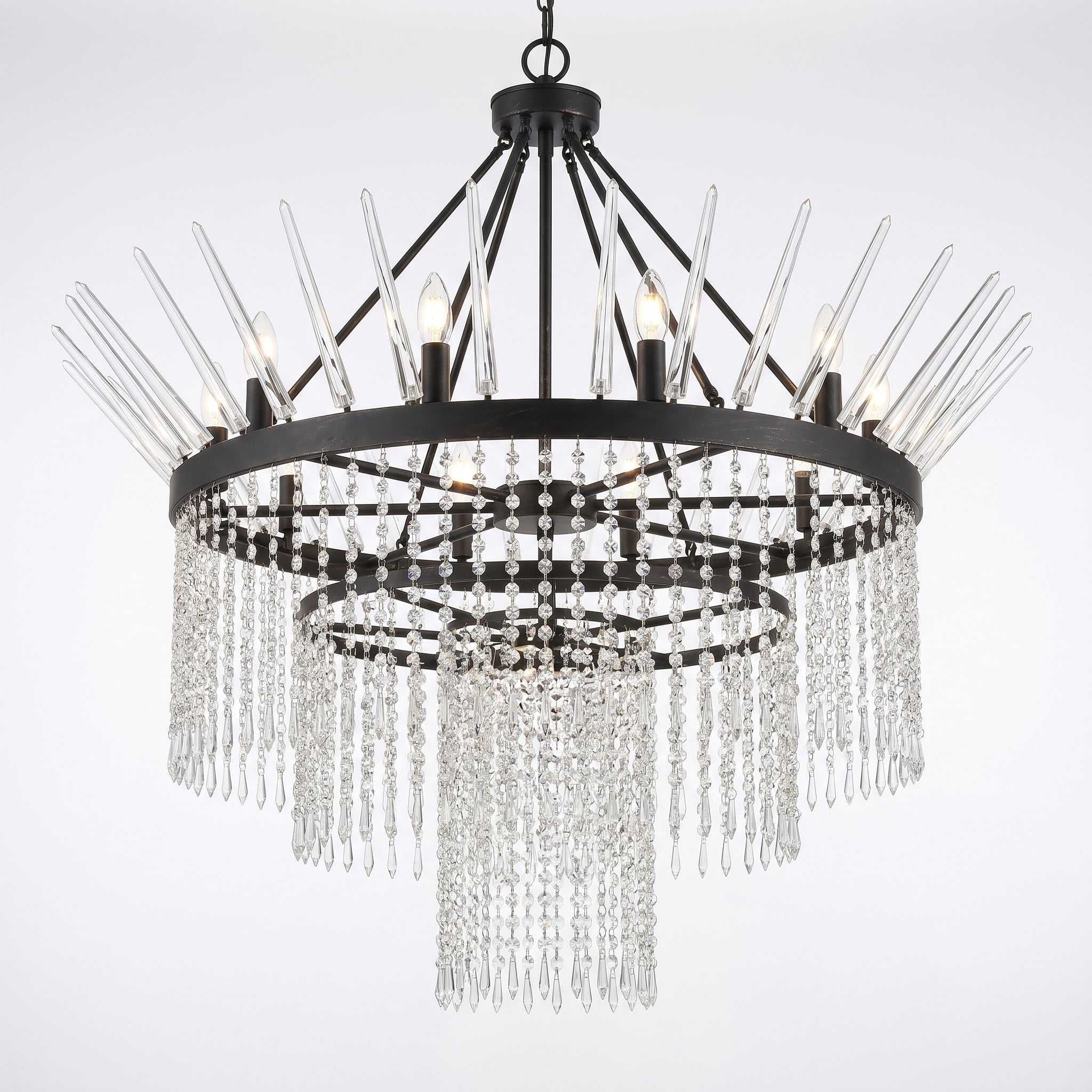 Wagon Wheel Crystal Chandelier with 10 lights in fireworks design, dark iron frame on white background
