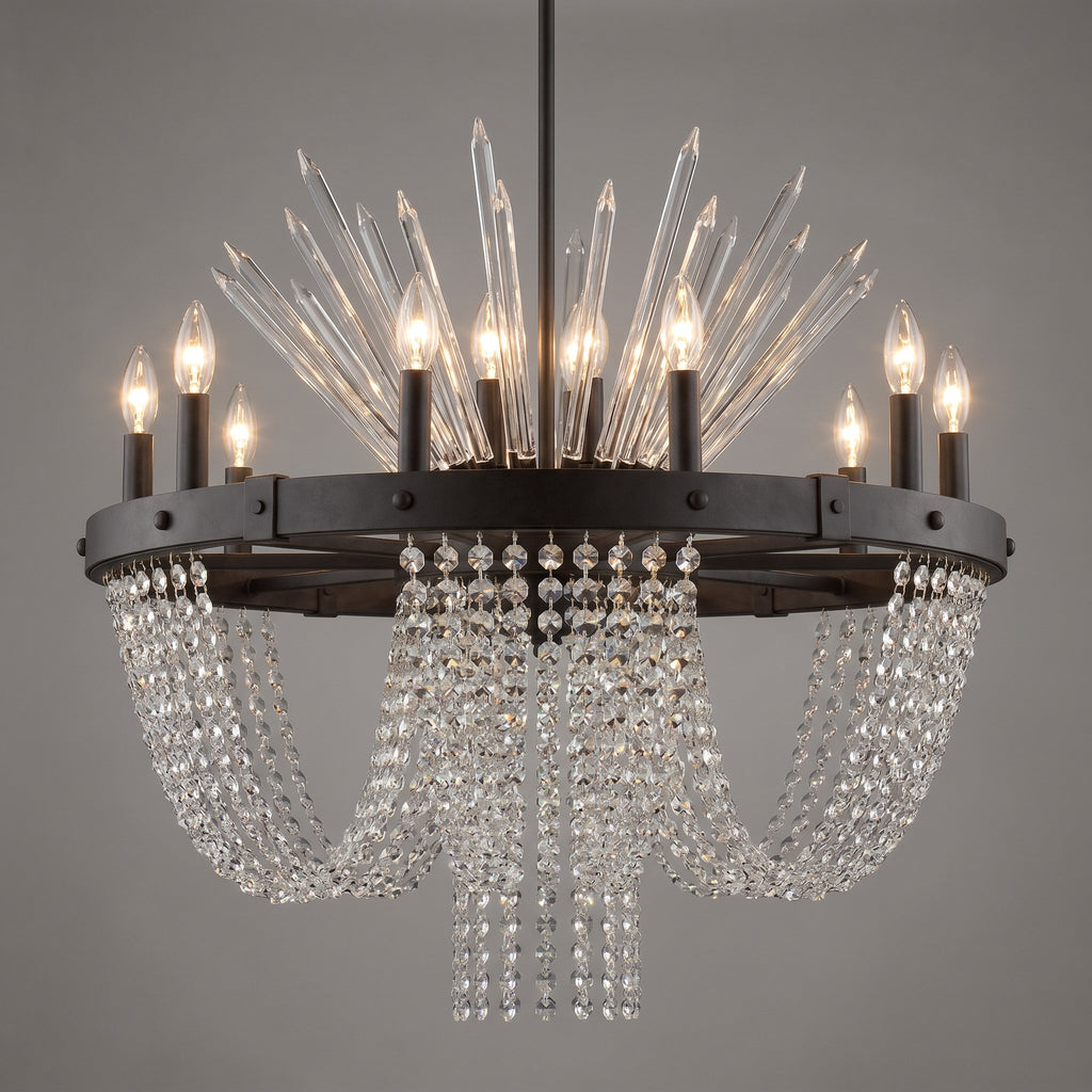 Wagon Wheel Crystal Chandelier from below showing fireworks burst of crystals extending upward