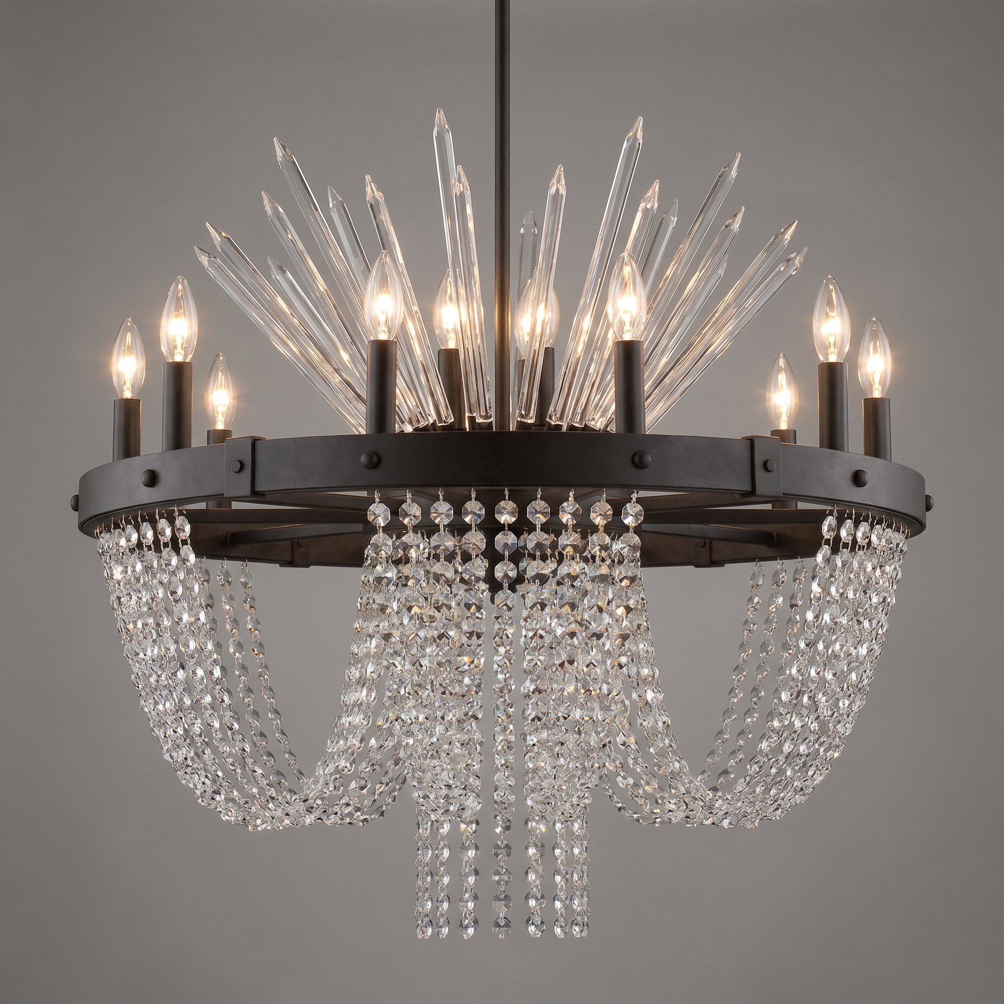 Wagon Wheel Crystal Chandelier from below showing fireworks burst of crystals extending upward