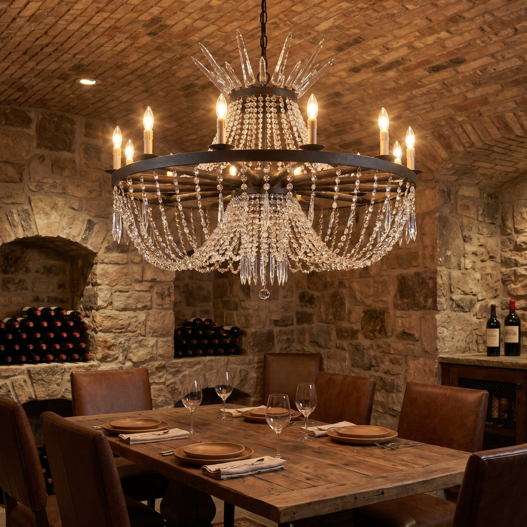 Wagon Wheel Crystal Chandelier in wine cellar dining room with stone walls and arched ceilings