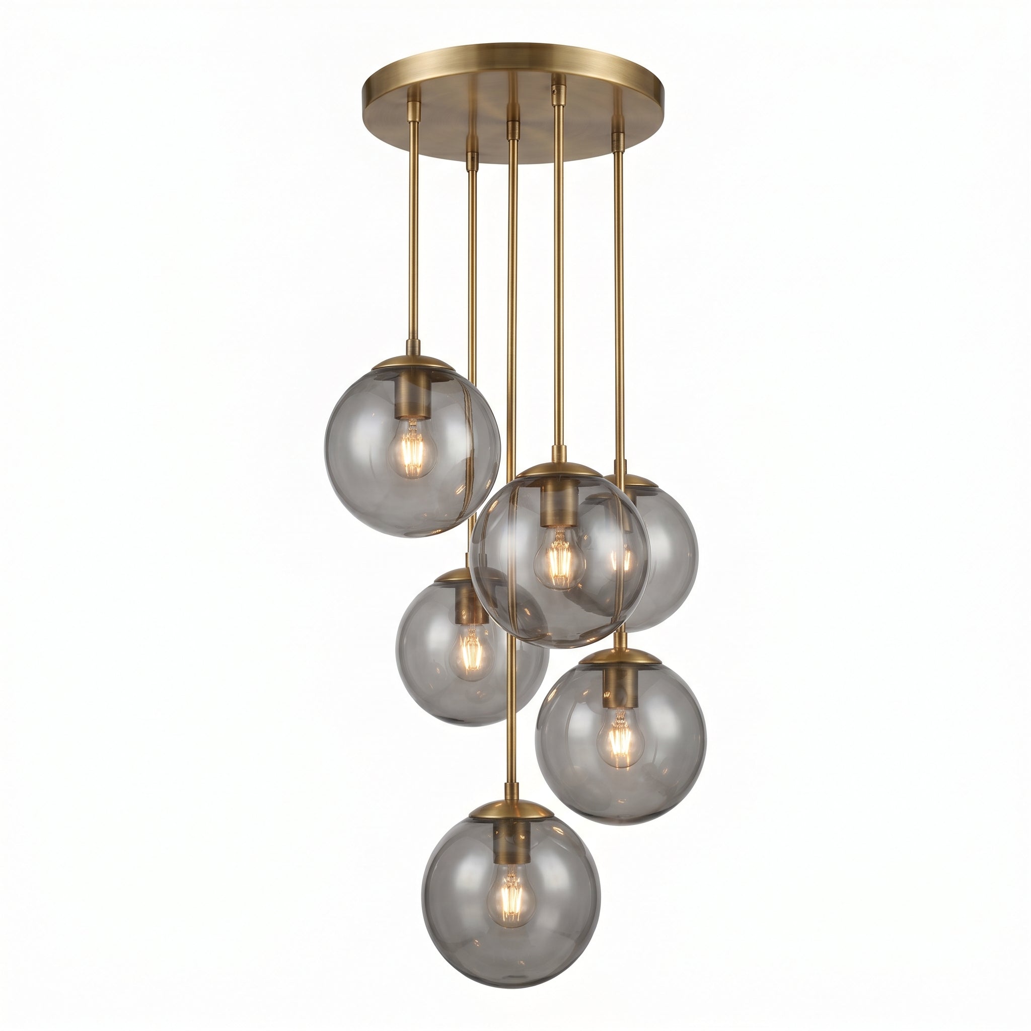 Globe Cluster Chandelier with 6 smoked glass spheres on brass frame on white background