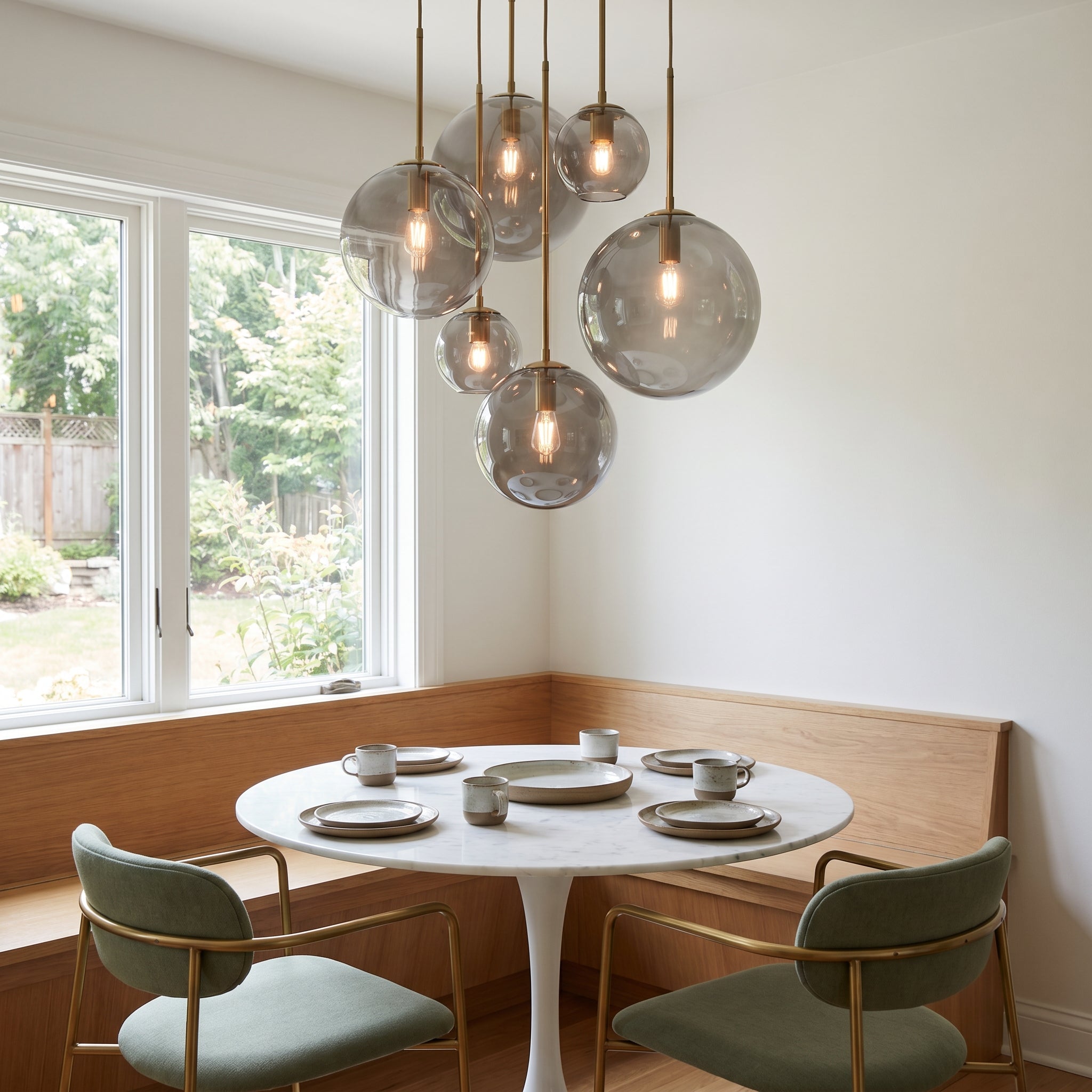 Globe Cluster Chandelier above round marble bistro table in stylish breakfast nook