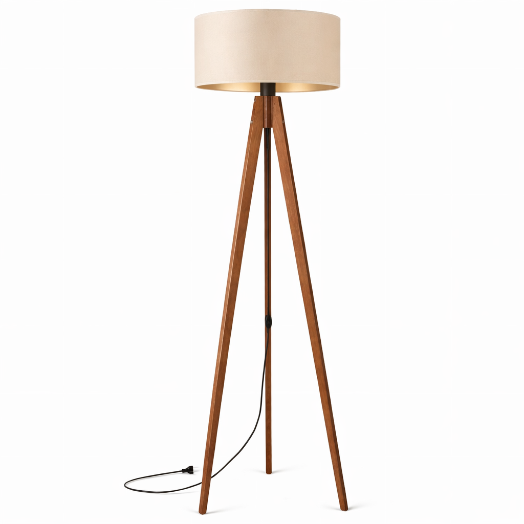 Floor Lamp On Wooden Tripod With Beige Lampshade