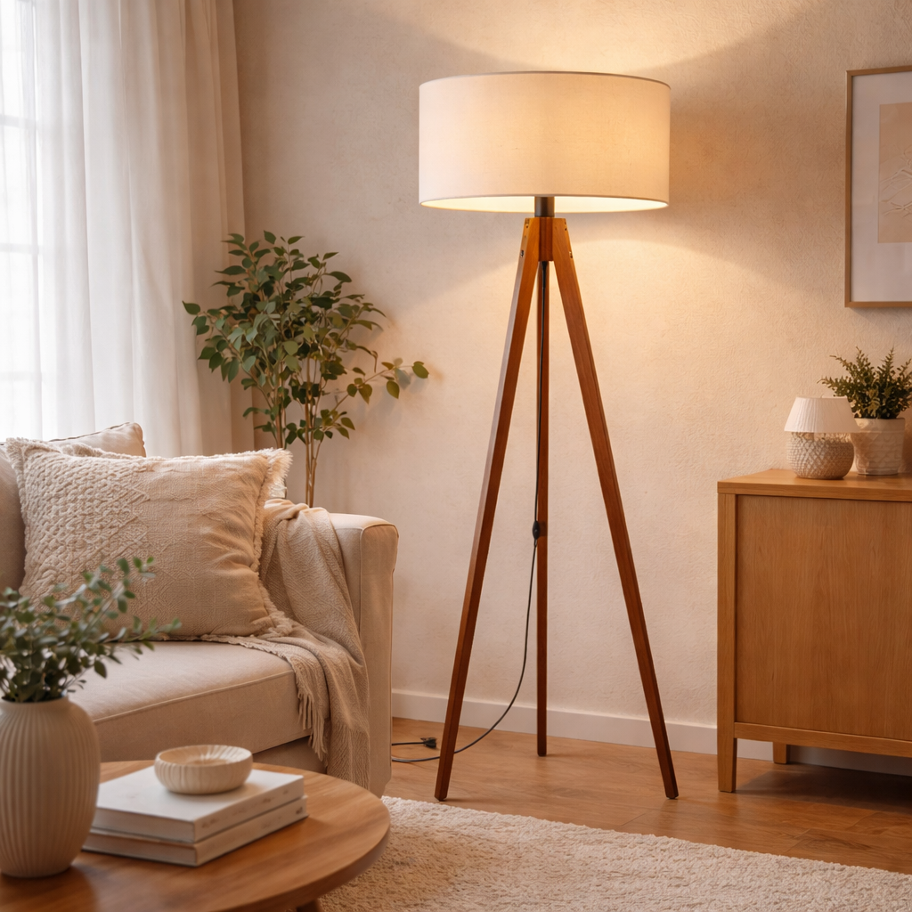 Floor Lamp On Wooden Tripod With Beige Lampshade