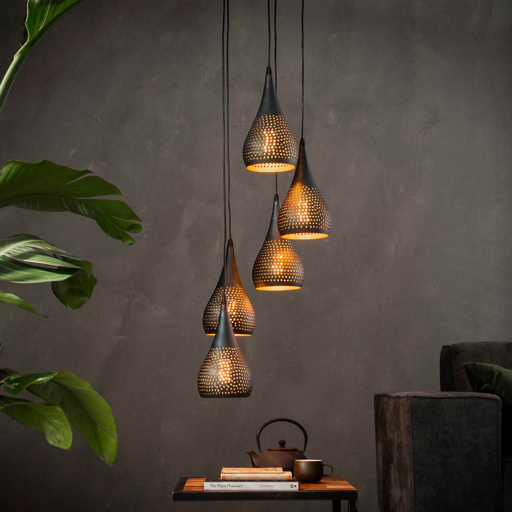 5-Point Black Metal Pendant Lamp 35x150 cm