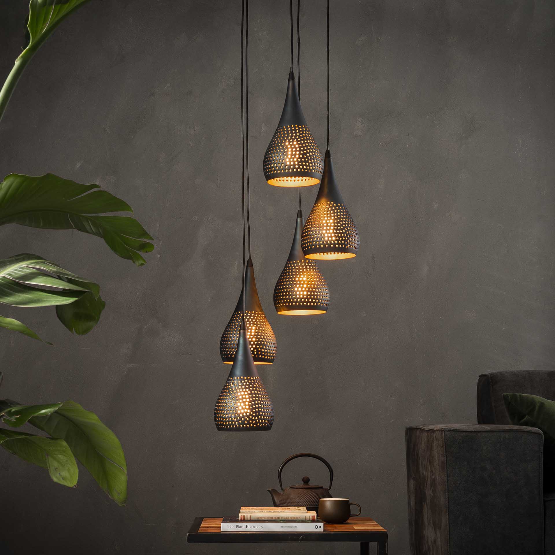 5-Point Black Metal Pendant Lamp 35x150 cm