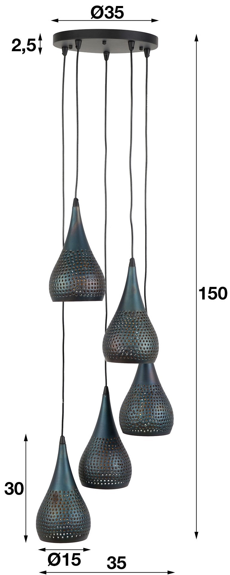 5-Point Black Metal Pendant Lamp 35x150 cm