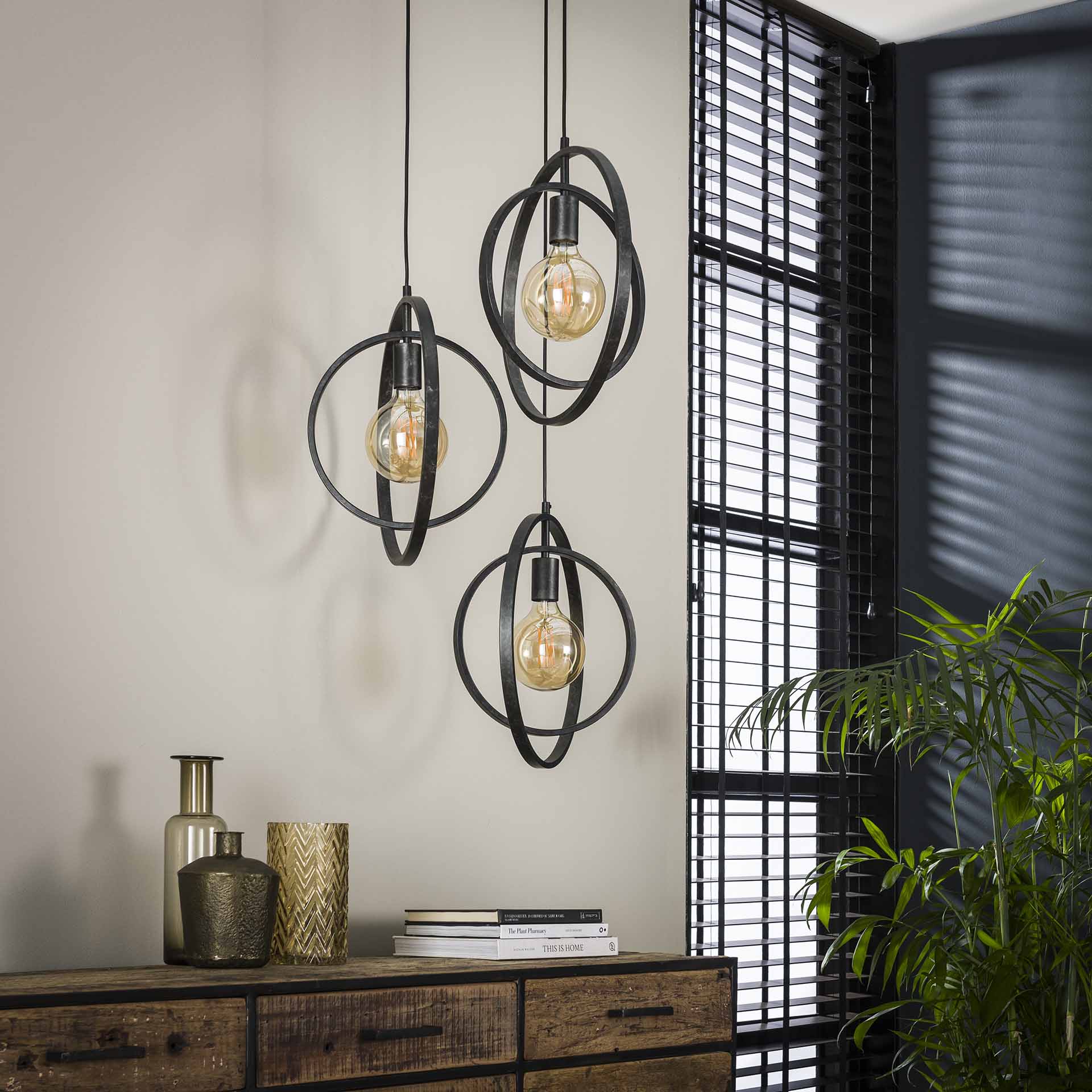 3-Point Anthracite Metal Pendant Lamp 40x150 cm