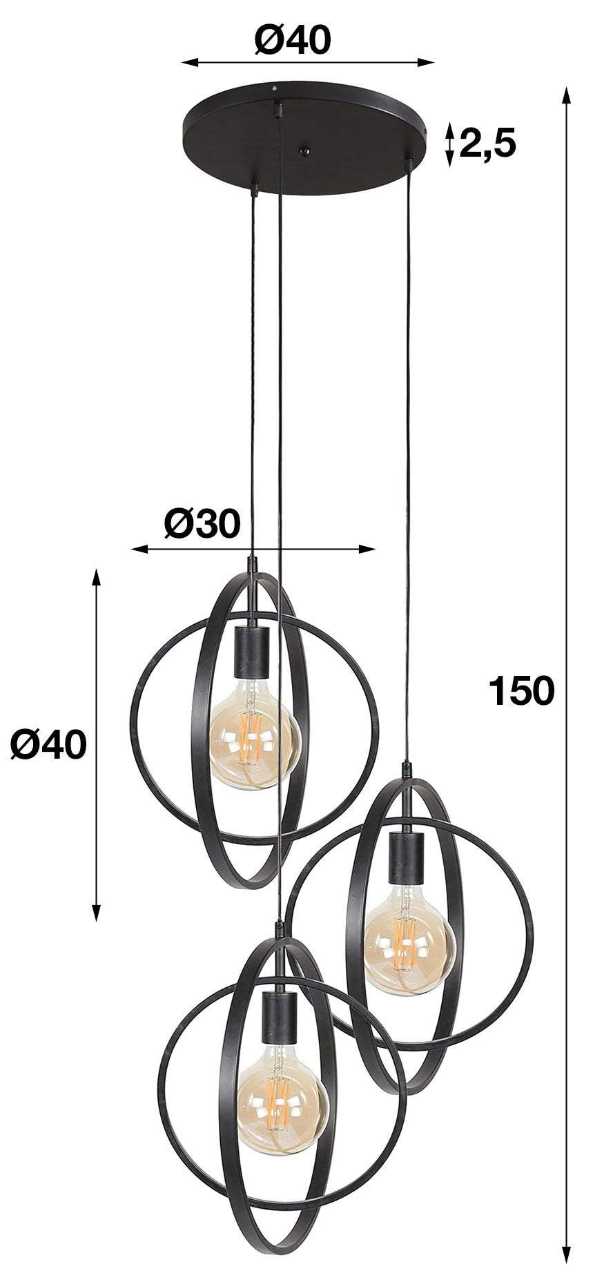 3-Point Anthracite Metal Pendant Lamp 40x150 cm