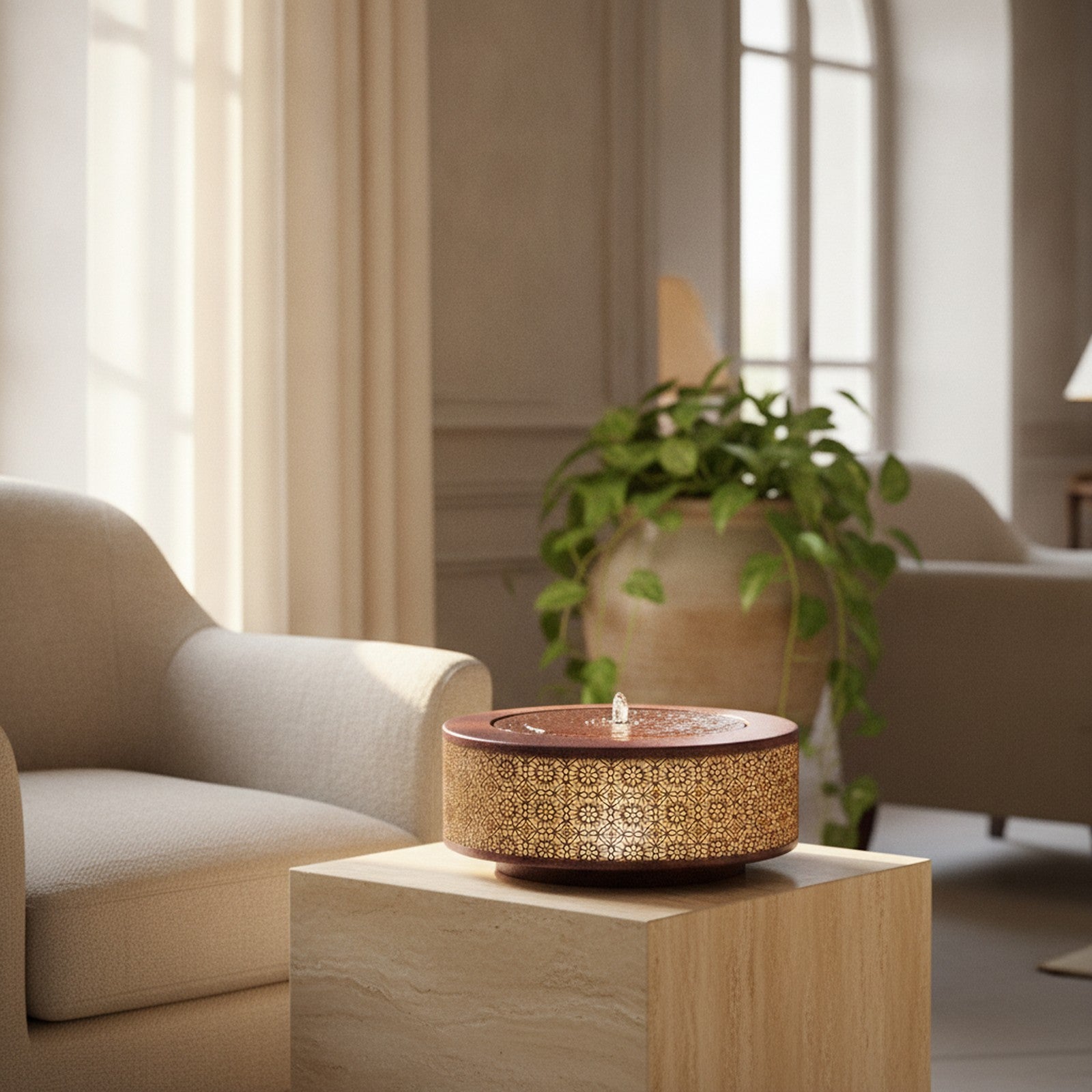 Illuminated Cut-Out Metal Round Tabletop Fountain 23.5"D — lifestyle
