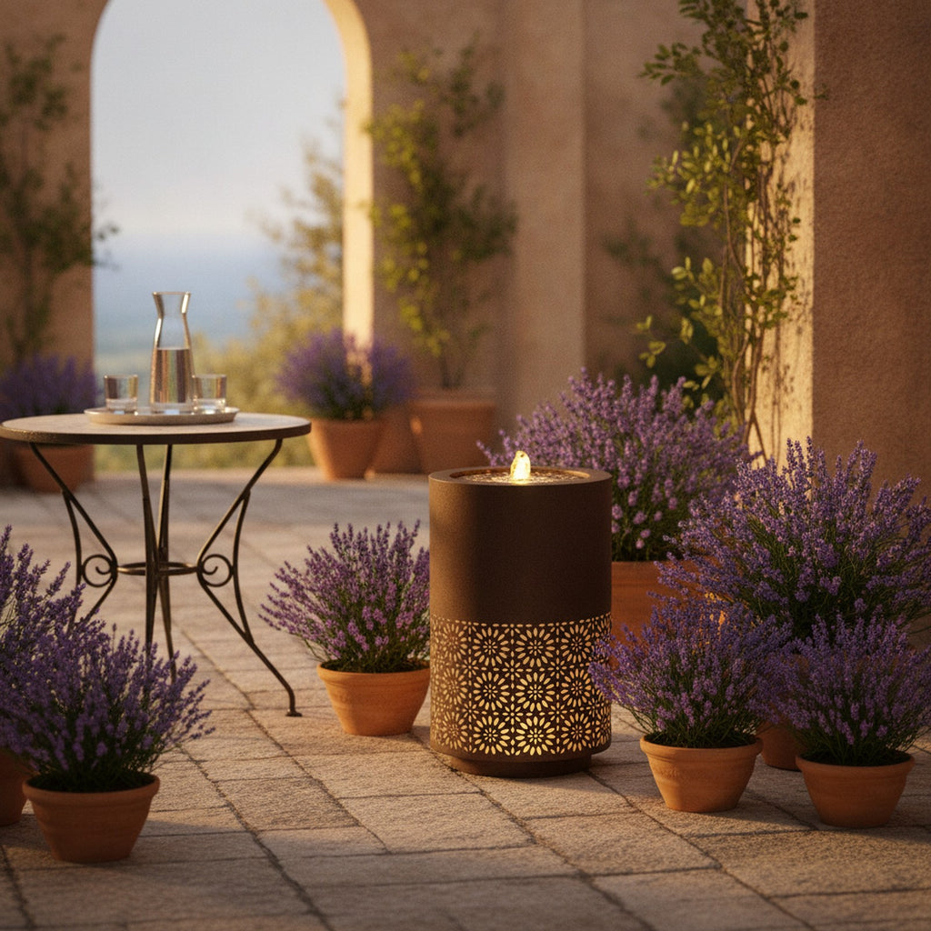 Illuminated Cut-Out Metal Round Fountain 21"H — lifestyle