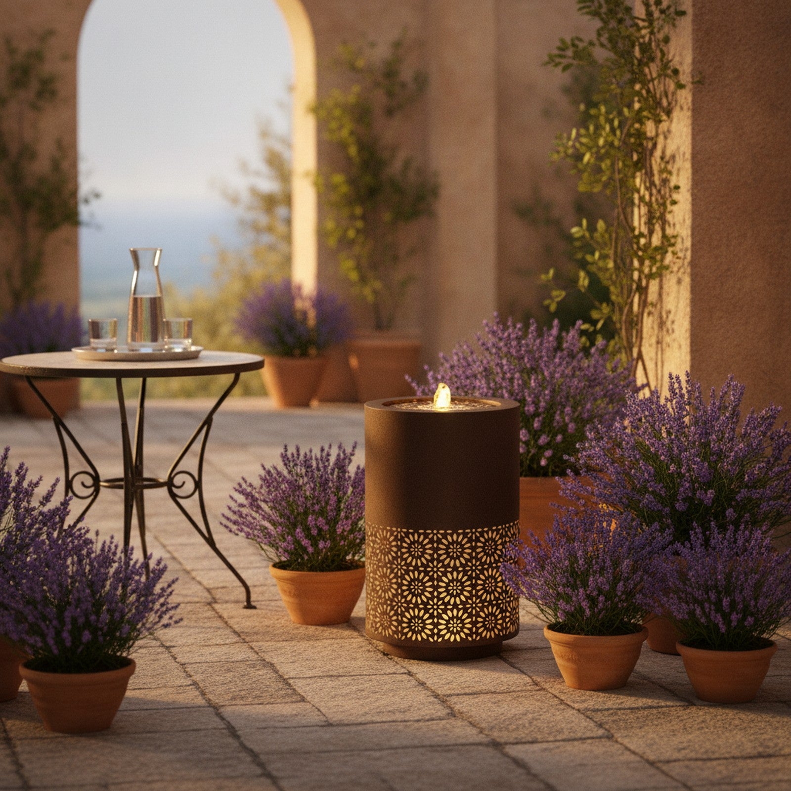 Illuminated Cut-Out Metal Round Fountain 21"H — lifestyle