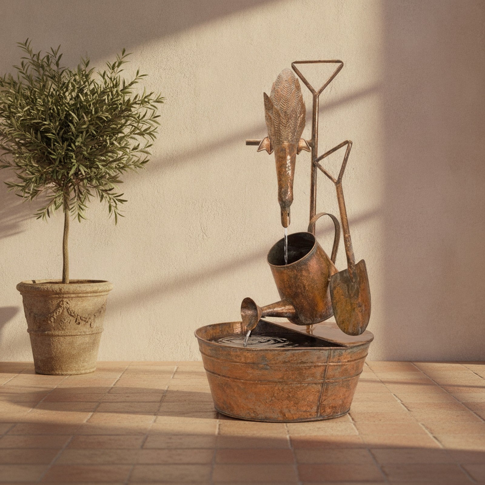 Rustic Metal Fountain with Duck and Watering Can 33"H — lifestyle