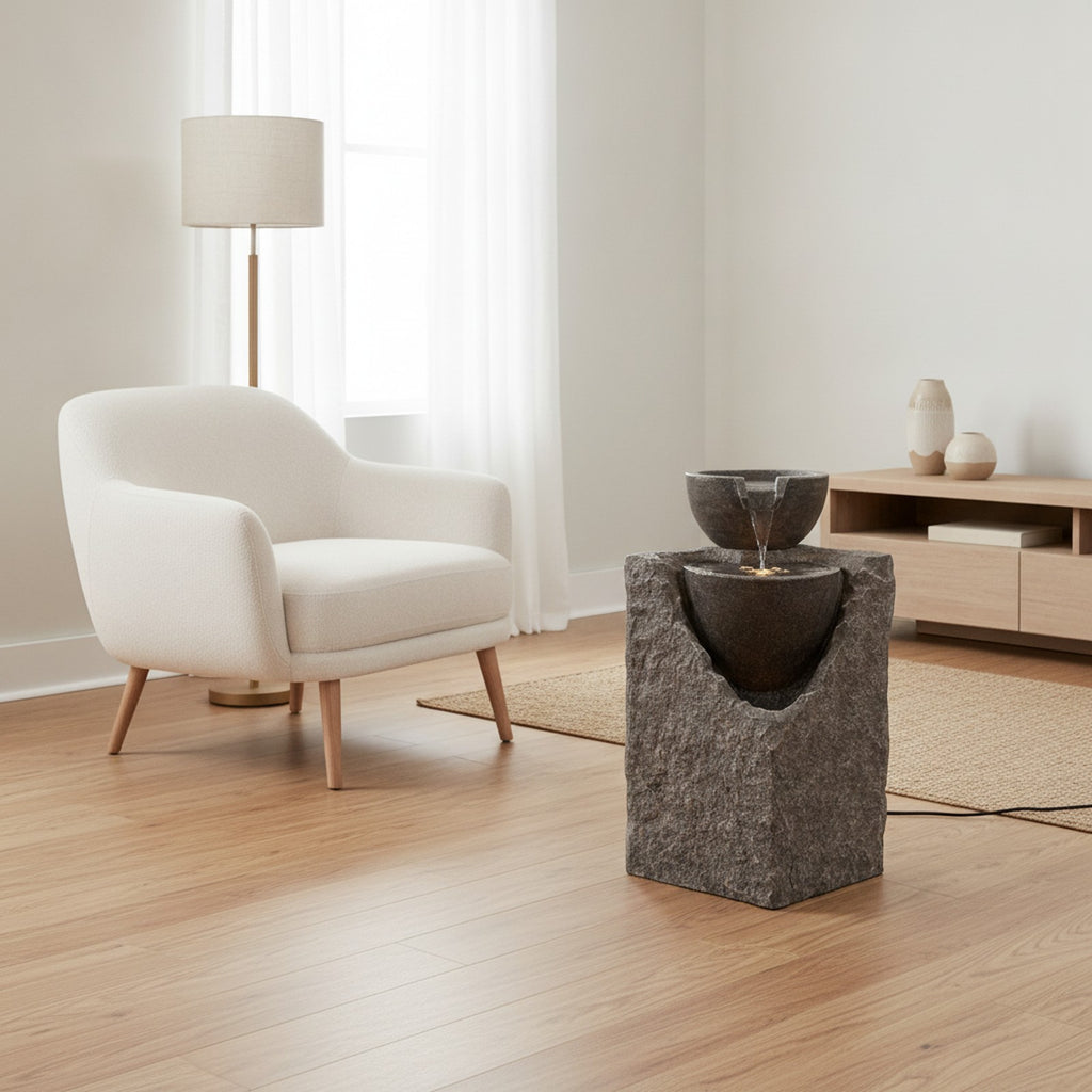 Cascading Tiered Stone Bowl Fountain 24"H — lifestyle