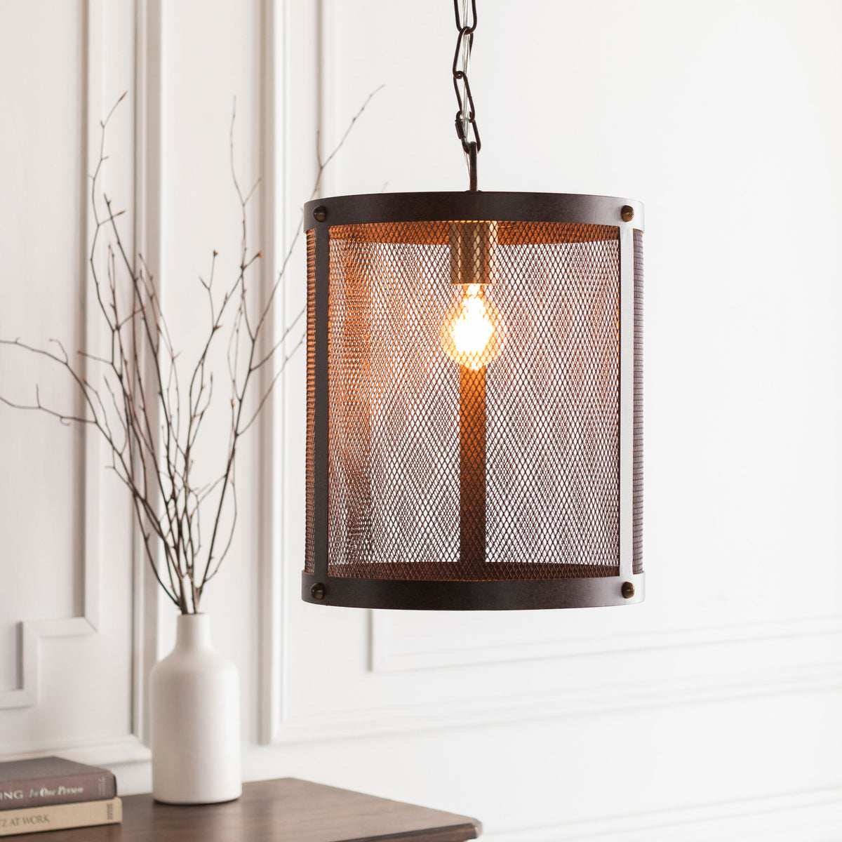 Lombard Steel Pendant Light, Antiqued Metallic Bronze, Polished Metallic Brass