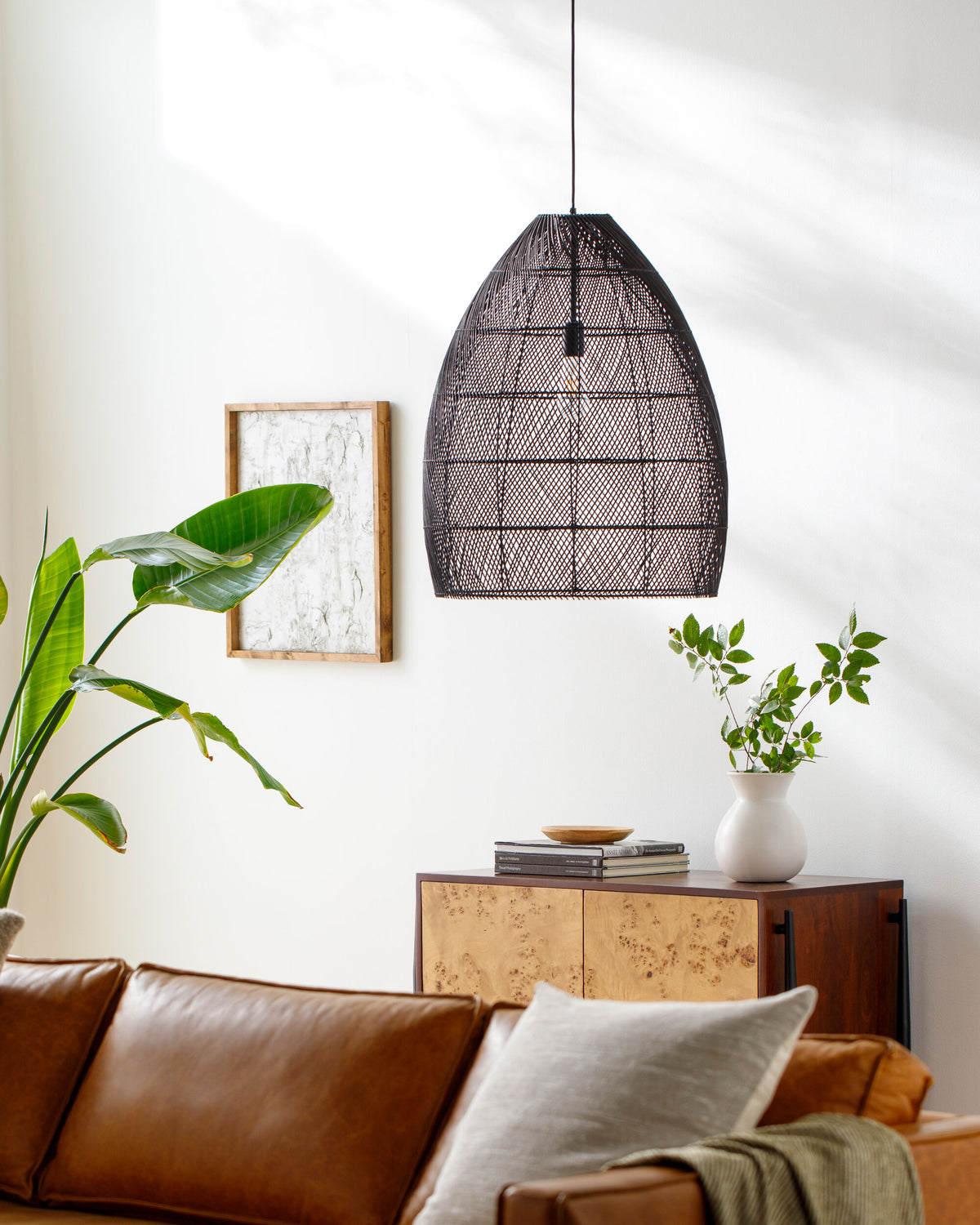 Larimar Rattan Pendant Light, Black Sand Black