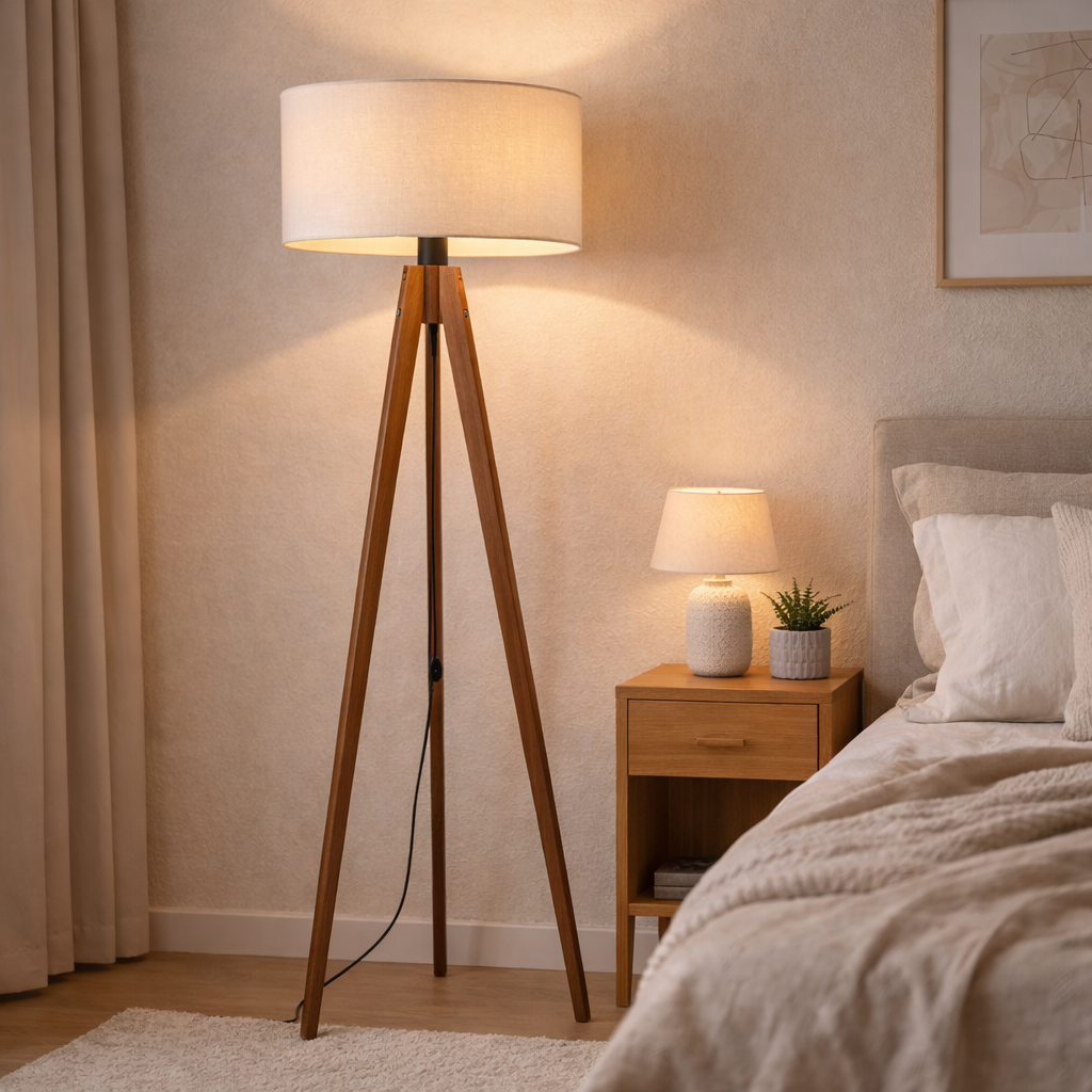 Floor Lamp On Wooden Tripod With Beige Lampshade