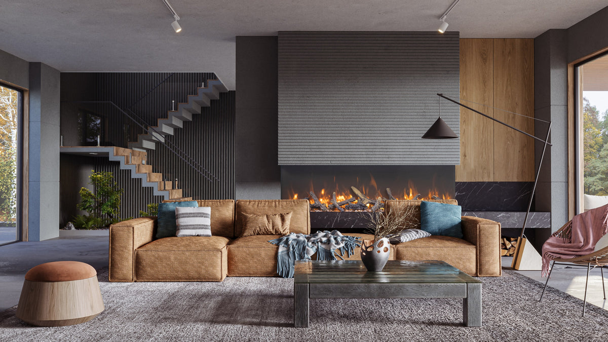 A wide linear electric fireplace in a modern open-plan living room