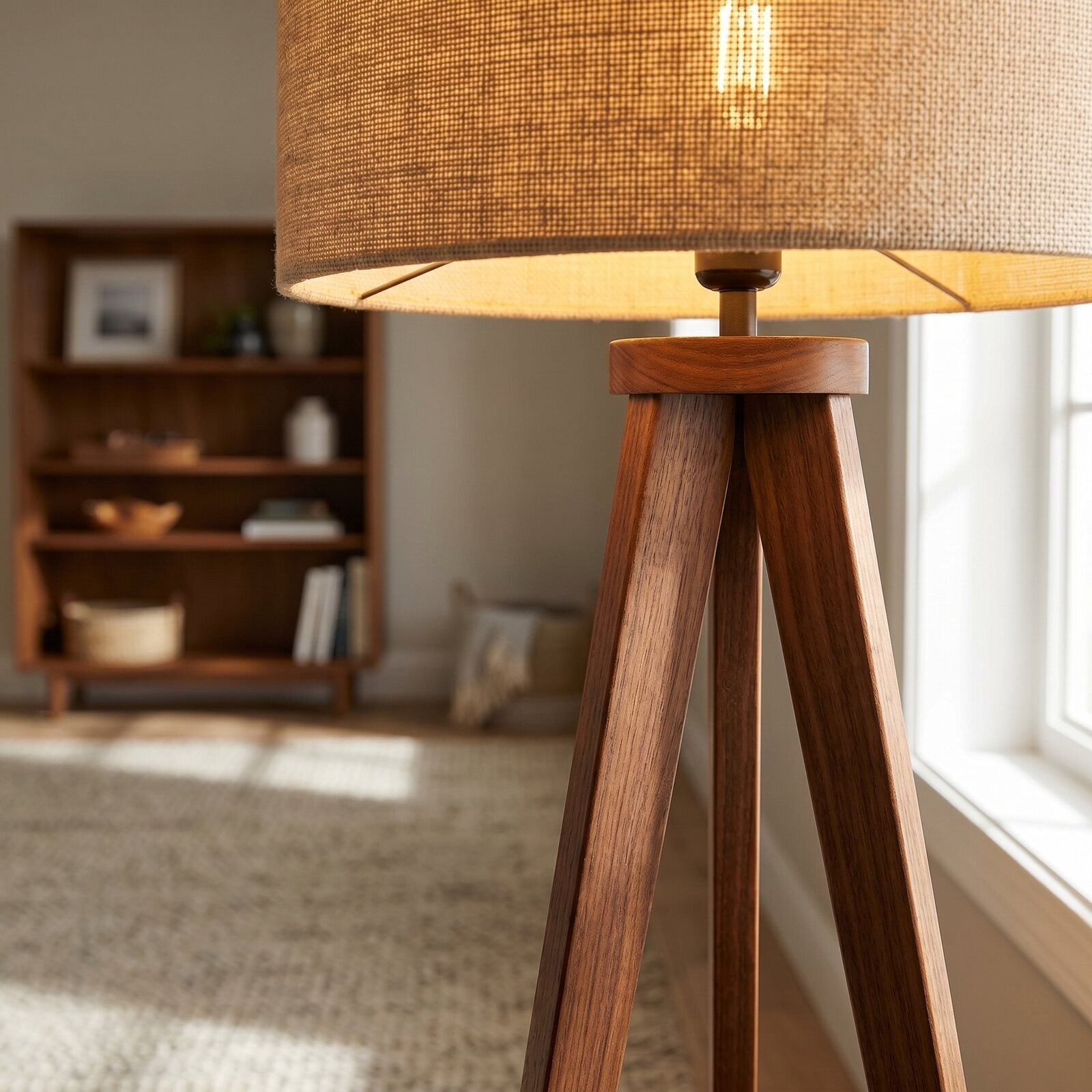 Lampa podłogowa trójnóg z lnianym abażurem — zbliżenie na detale
