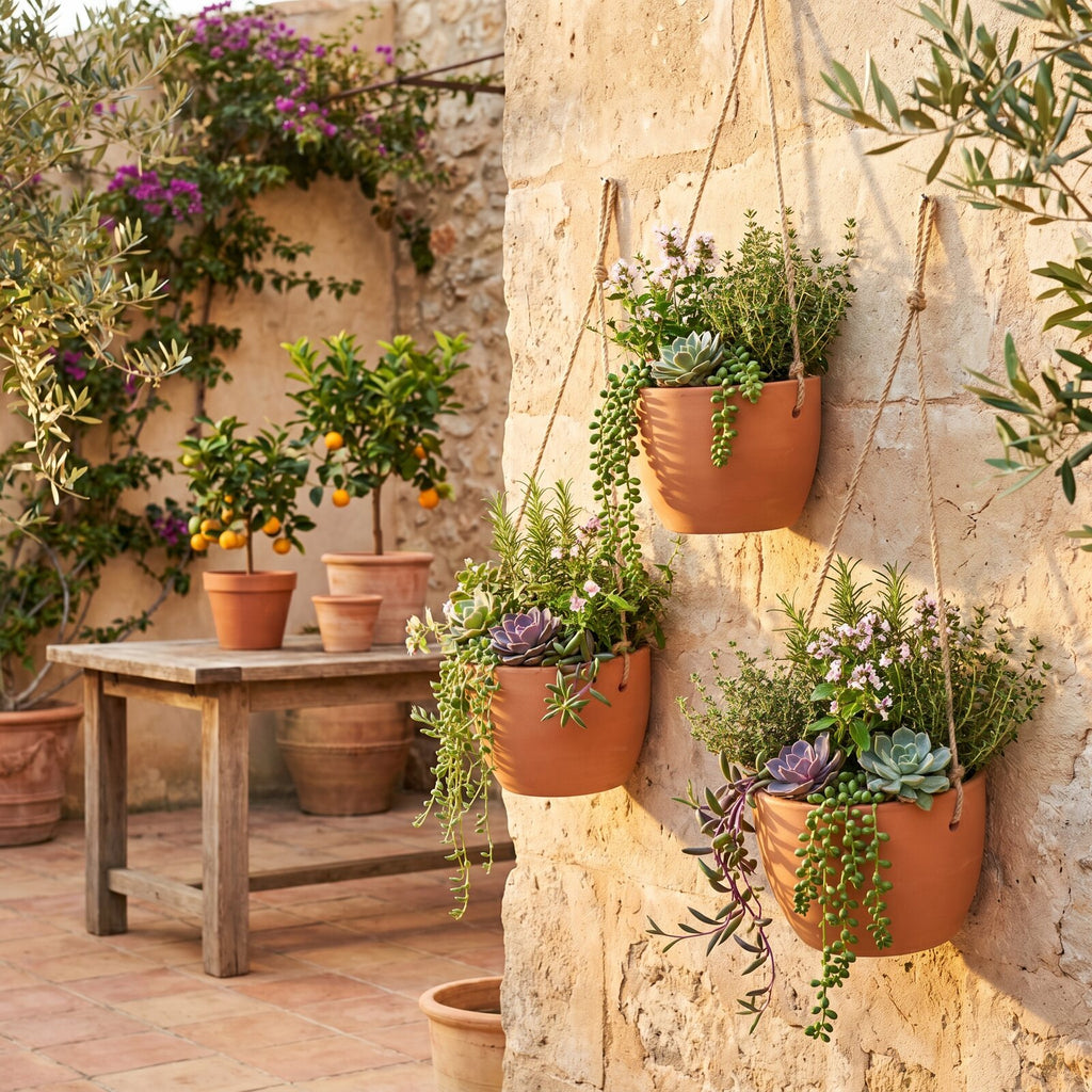 Ścienne Wiszące Donice Zestaw 3 Szt. Terakota — aranżacja ogrodu