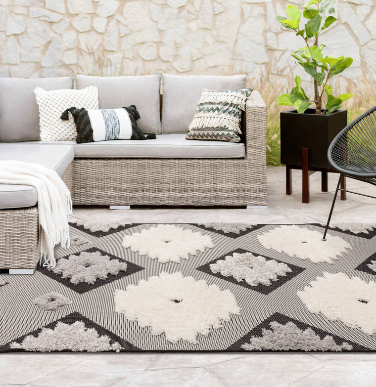 A dense tufted pile — Tribal Polypropylene Living Room Rug — Indoor Outdoor, Modern, Monty