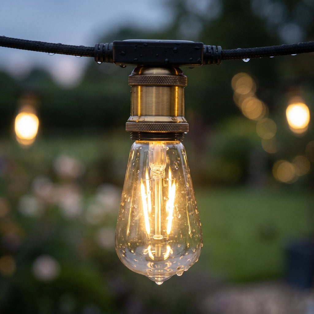 Solarne Lampki LED 10m — zbliżenie na żarówkę Edison i kabel