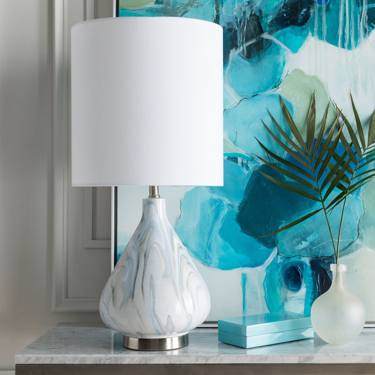 Orleans 29" Ceramic Table Lamp, Marbled Beige, White, Blue