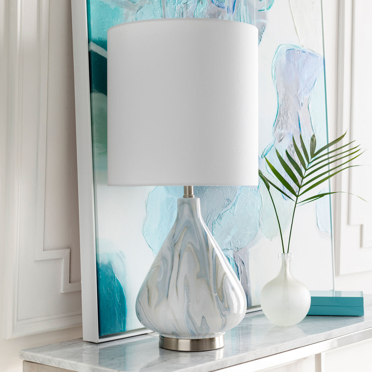 Orleans 29" Ceramic Table Lamp, Marbled Beige, White, Blue
