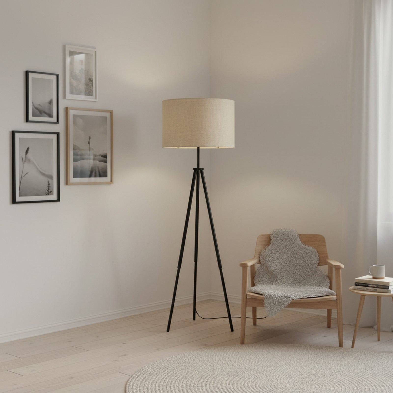 Black tripod floor lamp in Scandinavian bedroom with white walls and light wood floors