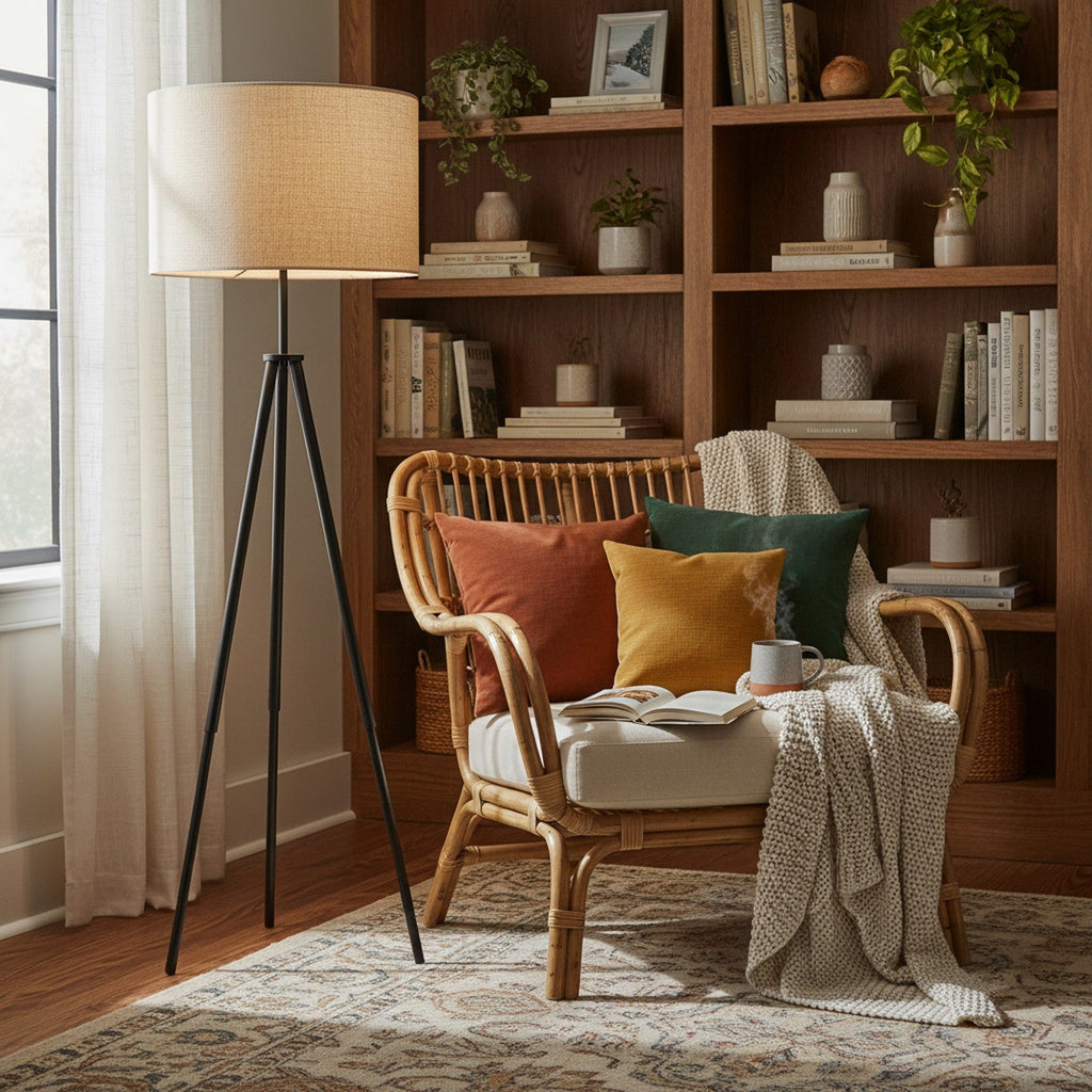 Black tripod floor lamp in cozy reading corner with woven chair and throw blanket