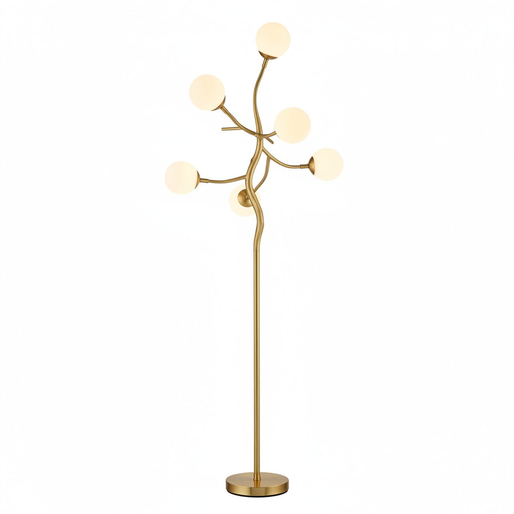 Sculptural branch LED floor lamp gold finish with 5 globe lights artistic tree design
