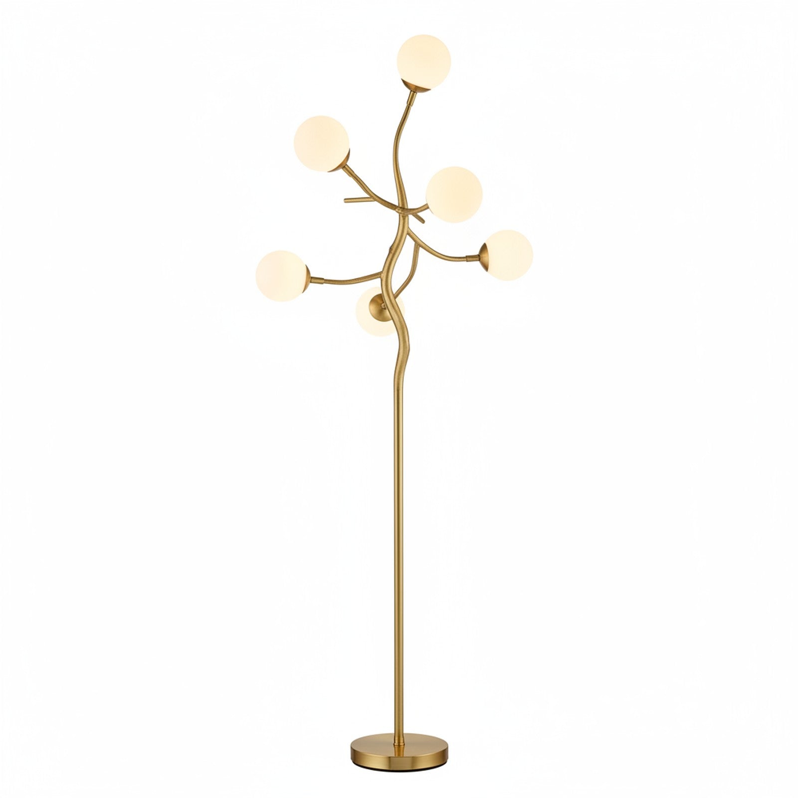 Sculptural branch LED floor lamp gold finish with 5 globe lights artistic tree design