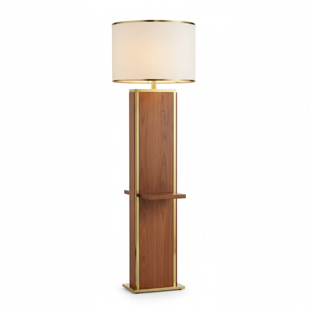 Column floor lamp with integrated shelf walnut wood and brass minimalist design