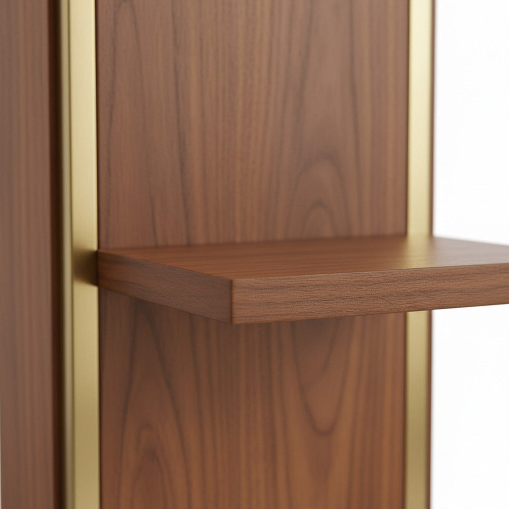 Close-up walnut wood grain and brass accent detail on column floor lamp shelf